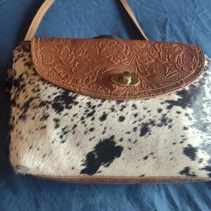 Myra Bag Brown and White Crossbody with Paisley Leather